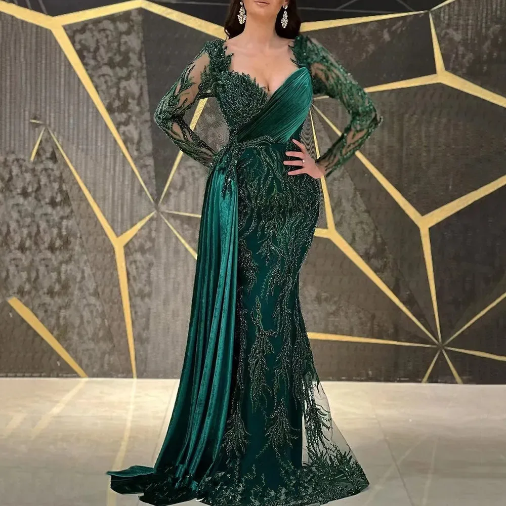 Top Trends: Women 2024 Elegant Luxury Dubai Emerald Green Trumpet Floor-Length Long Sleeves Draped Evening Dress Formal Occasion Prom Shoppable Styles