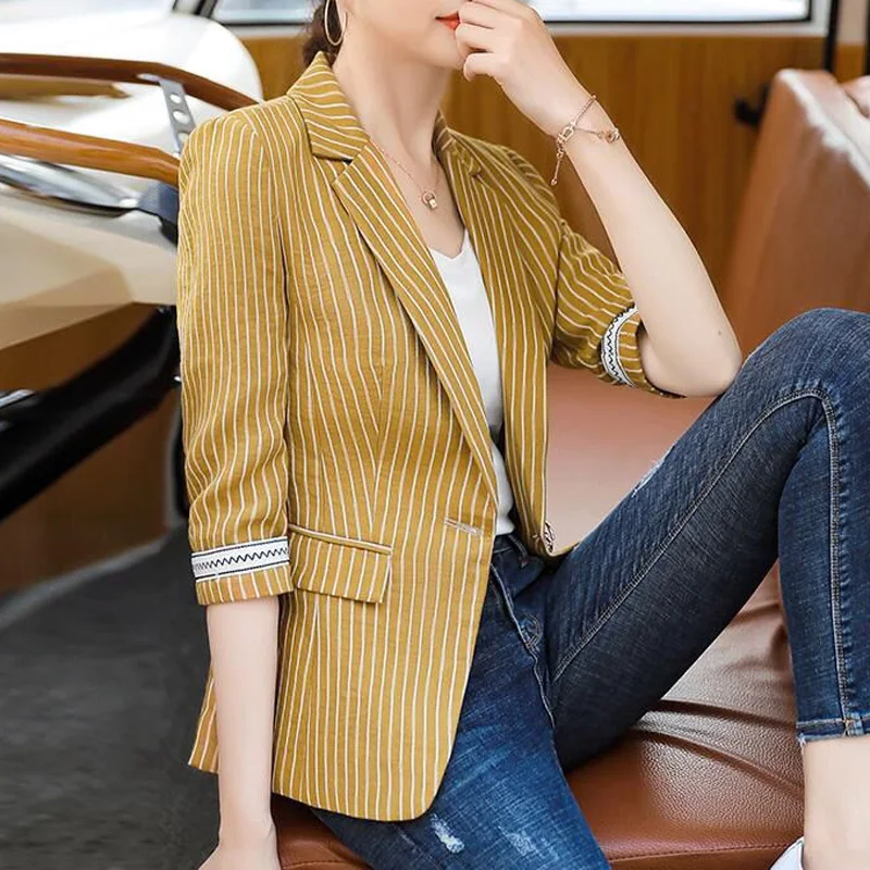 Top Trends: 2023 New Spring And Autumn Fashion Temperament Commuter Simple Stripe Slim Fit Korean Casual Medium Sleeved Women's Suit Jacket Shoppable Styles - Image 2