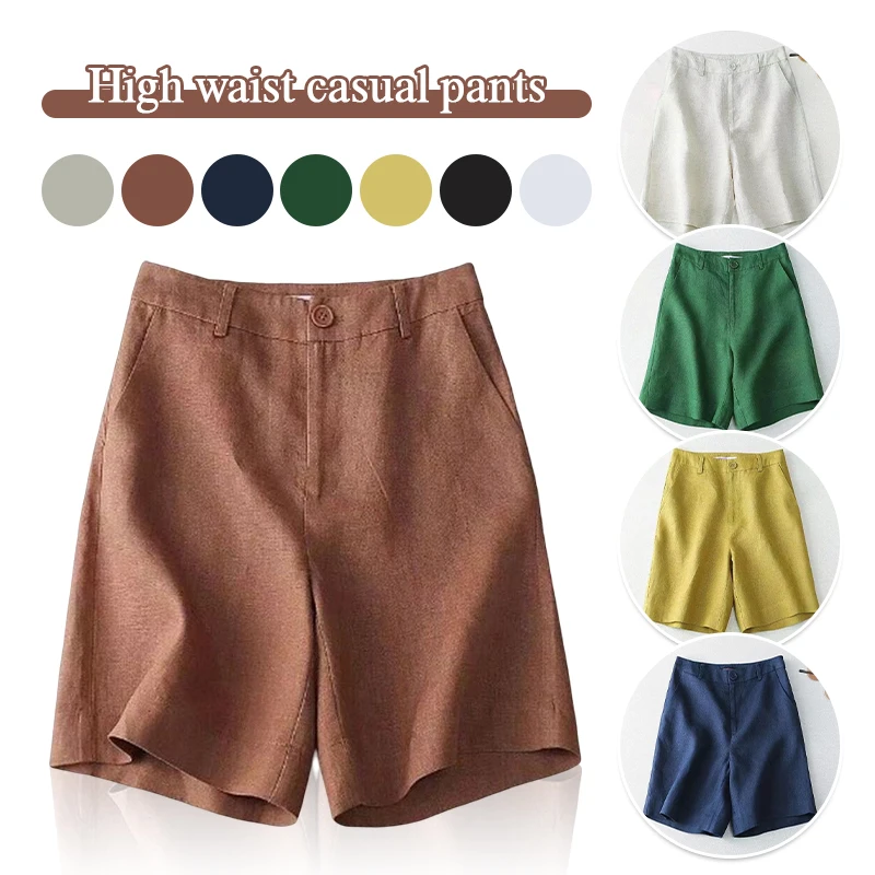 Top Trends: Black / Green Cotton Linen High Waist Wide Leg Shorts Women Half Pants Spring Summer Korean Fashion Loose Shorts All-match Shoppable Styles