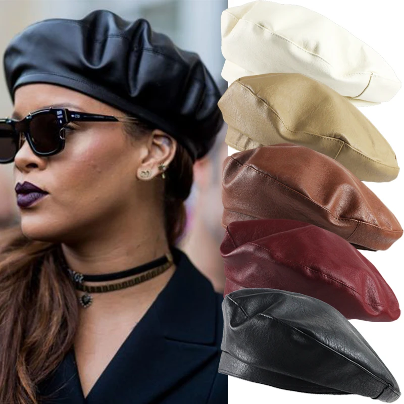 Top Trends: Fashion Solid Color Beret Women Vintage PU Leather Berets Hats Autumn Winter Lady Elegant Octagonal Cap Newsboy Caps Panama Hat Shoppable Styles