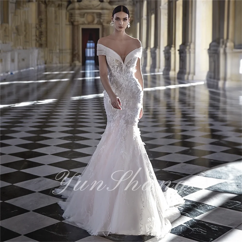 Top Trends: YunShang Off-the-shoulder Ruched Wedding Dress Beaded Lace Appliques Bridal Gown Mermaid Court Train Vestido De Noiva For Bride Shoppable Styles