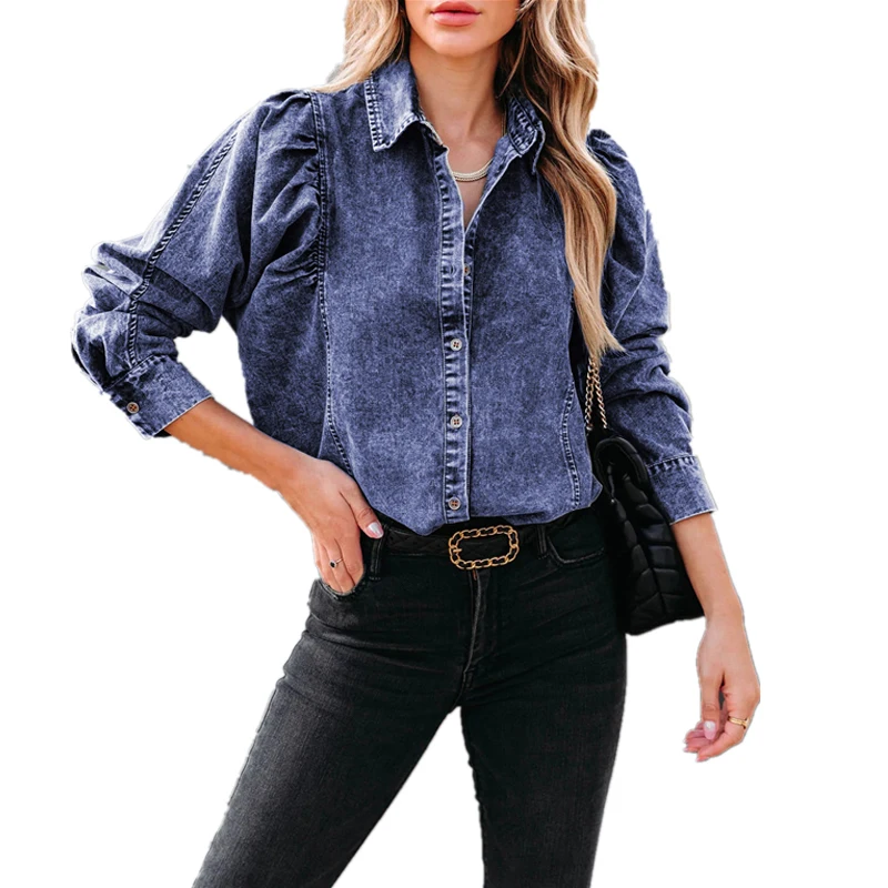 Top Trends: Girl Blouse Puff Long Sleeve Boho Denim Shirts Women Tops Vintage Cotton Blusas Casual 2023 Spring Autumn Loose Cowboy Shirt Shoppable Styles