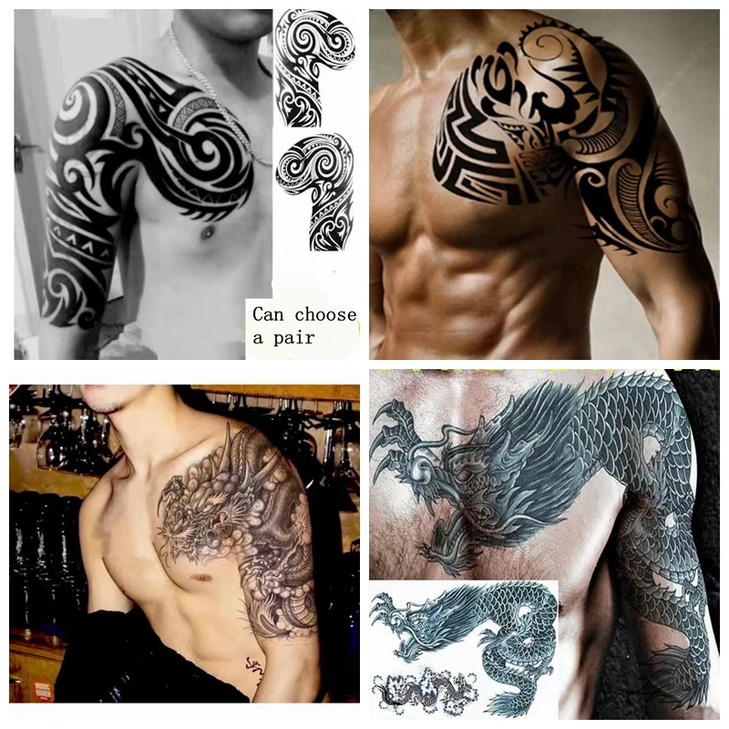 Top Trends: New Waterproof Tattoo Sticker Male Half Shoulder Dragon Totem Breastplate Flame Flower Arm Art Fake Tattoo Black Big Size Tattoo Shoppable Styles