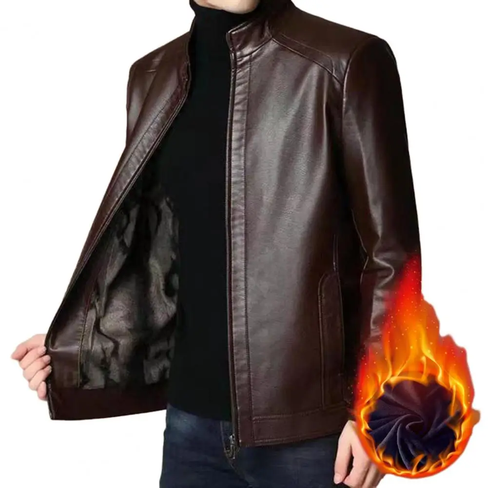 Top Trends: Men Faux Leather Coat Windproof Mid-aged Men's Faux Leather Jacket With Plush Heat Retention Stand Collar Zipper Closure Shoppable Styles - Image 4