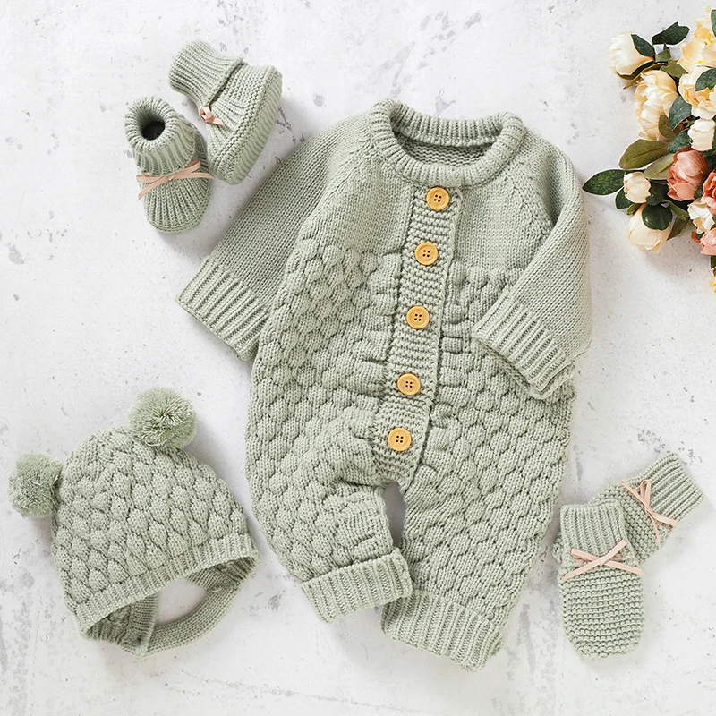 Top Trends: Newborn Baby Clothes Set Knitted Infant Girl Boy Romper + Hat + Gloves + Shoes Fall 4PC Long Sleeve Jumpsuit Outfits + Mitten + Boots Shoppable Styles