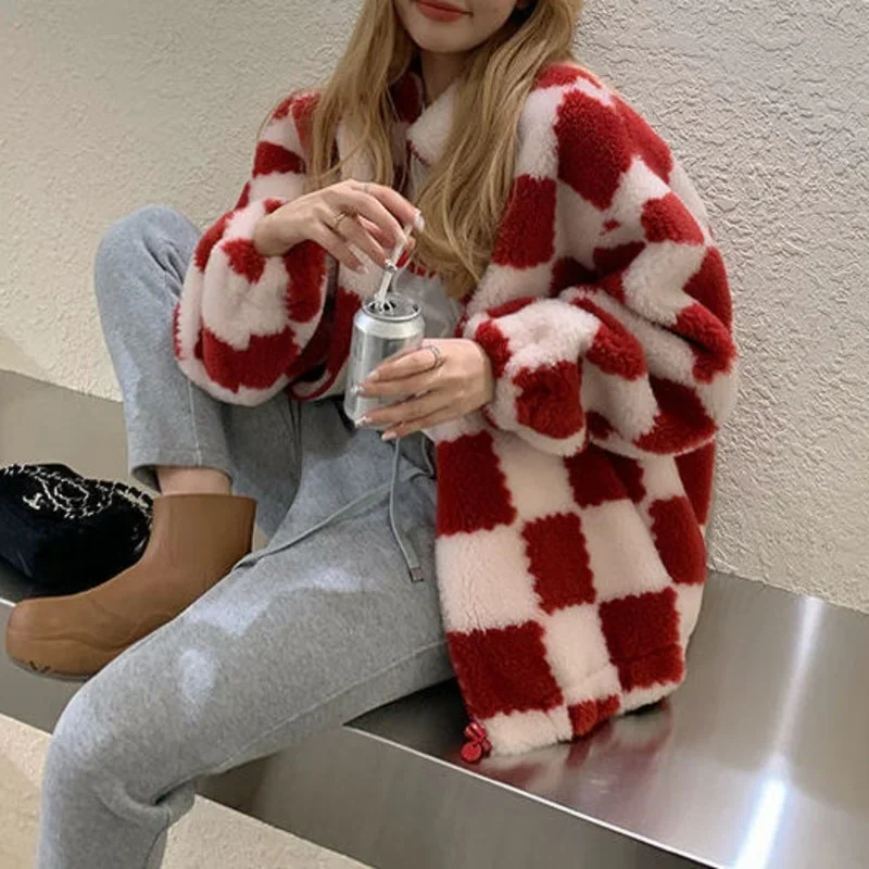 Top Trends: Checkerboard Women's Jacket Faux Fur Teddy Jacket New Retro Checkered Thicken Warm Jacket Ladies Fur Coat Winter Clothes Women Shoppable Styles