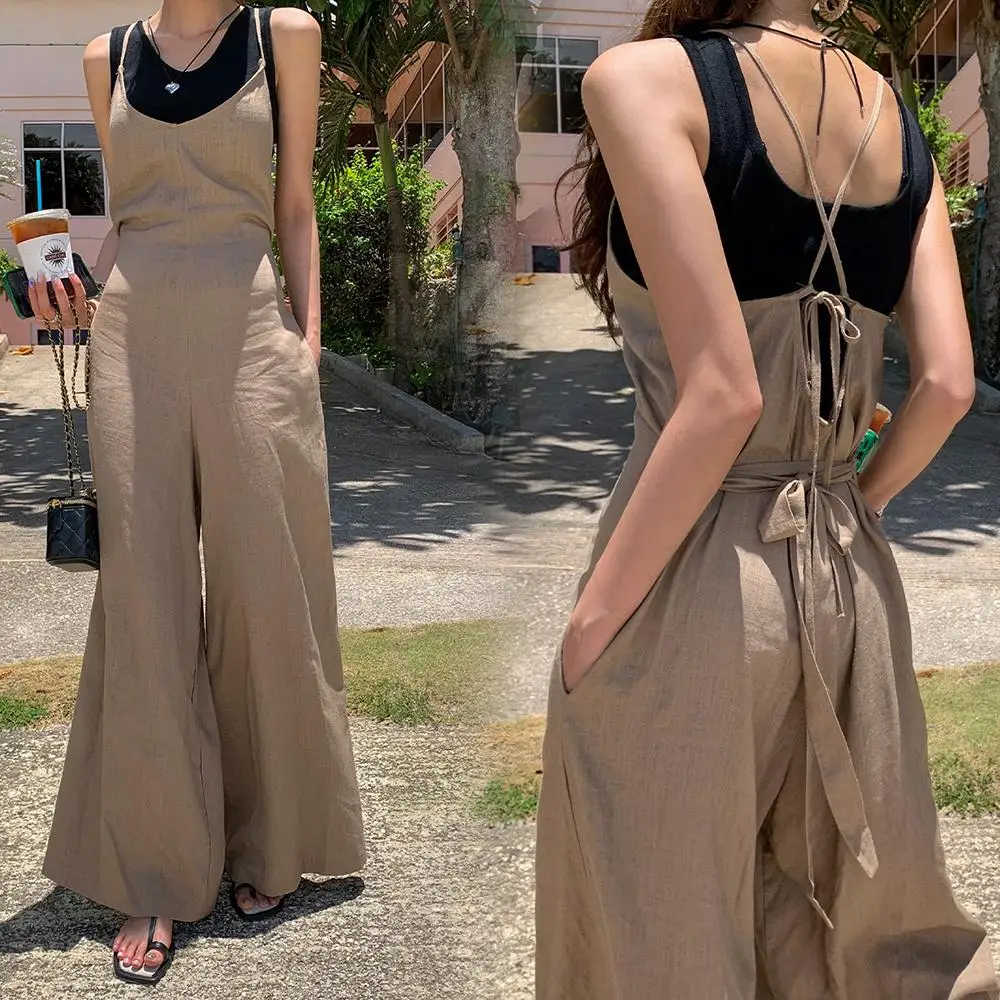 Top Trends: Korean Style Summer Female Jumpsuits Elegant Loose Cross Strap High Waist Backless Women Wide Legs Rompers Casual Lady Overalls Shoppable Styles