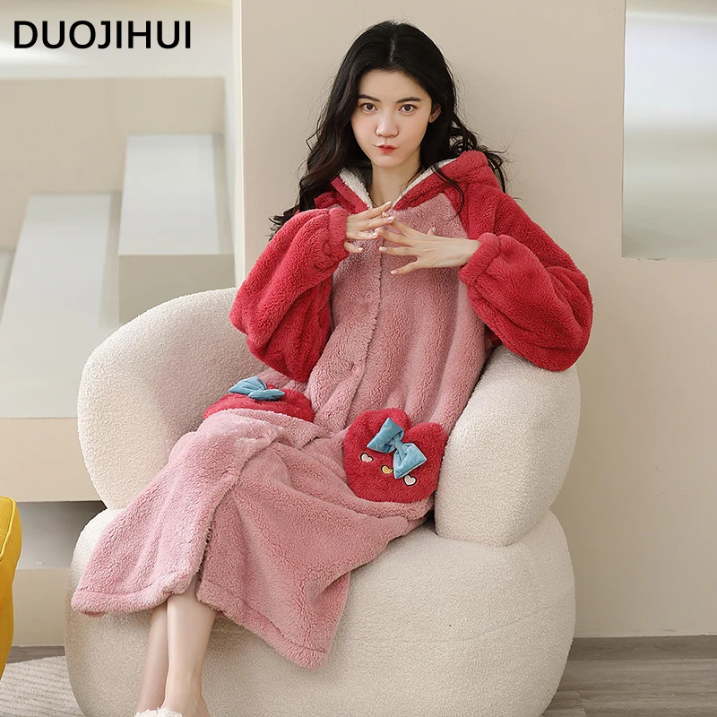 Top Trends: DUOJIHUI Sweet Winter Hooded Button Cardigan Robes For Women Fashion Pocket Basic Simple Loose Casual Flannel Soft Female Robes Shoppable Styles