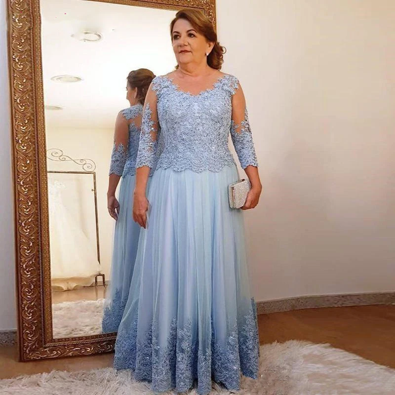 Top Trends: Plus Size Mother Of The Bride Dress For Wedding Party Blue Lace Tulle 3 / 4 Long Sleeve Ladies Formal Evening Party Prom Gowns Shoppable Styles