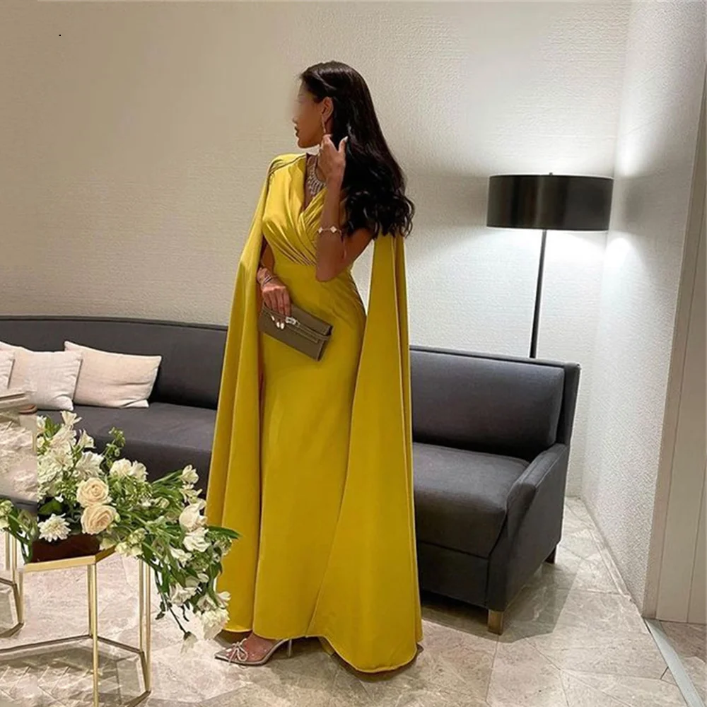 Top Trends: Shawl Sleeve Yellow Evening Dresses Mermaid Stain V-Neckline Simple Prom Dress Formal Saudi Arabia Party Gowns Vestidos De Noche Shoppable Styles