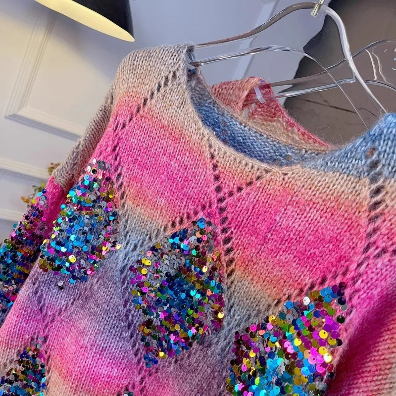 Top Trends: New Arrival Heavy Industry Rainbow Color Sequins Knitwear Top Women Loose Mid-Length Pullover Sweater Autumn And Winter Sweater Shoppable Styles - Image 4