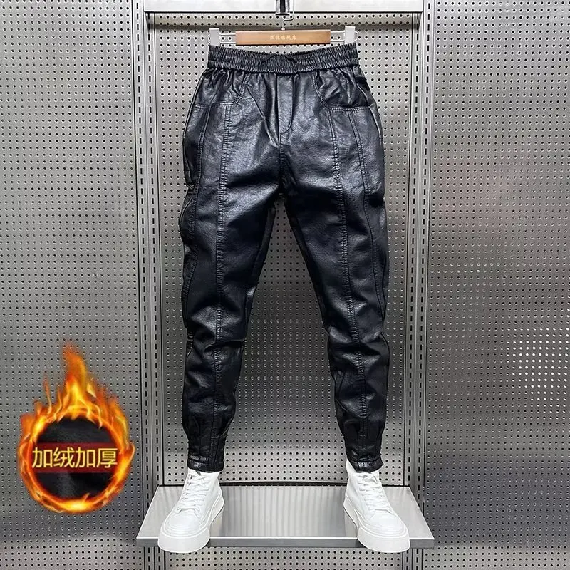 Top Trends: Hip Hop Mens Leather Pants Harajuku Retro Loose Casual Trousers Straight Solid Color Black Pants Streetwear Brand Motorcycle Pan Shoppable Styles