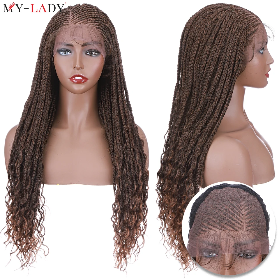 Top Trends: My-Lady Synthetic Box Braids 28Inch Cornrow Braided Lace Wigs Curly Ends Lace Front Wig With Baby Hair 339g Dreadlocks Afro Wigs Shoppable Styles