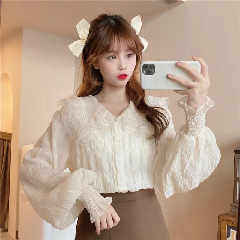 Top Trends: Fashion Peter Pan Collar Ruffles Lace Folds Shirts Women Clothing 2023 Autumn Loose Solid Color Sweet Tops Lantern Sleev Blouses Shoppable Styles