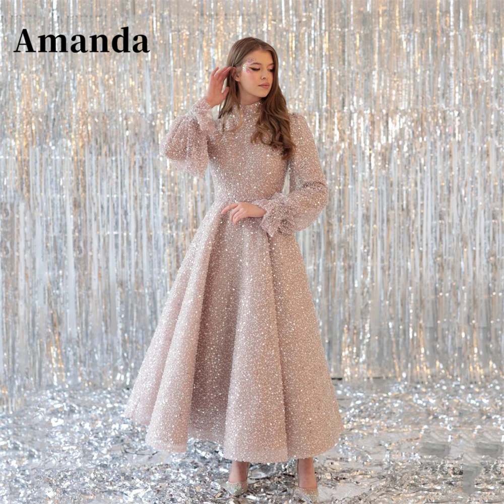 Top Trends: Amanda Modest Shiny Sequins Glitter Fabric Prom Dress Long Puffy Sleeves A-Line Vestidos De Fiesta Elegant فستان حفلات الزفاف Shoppable Styles