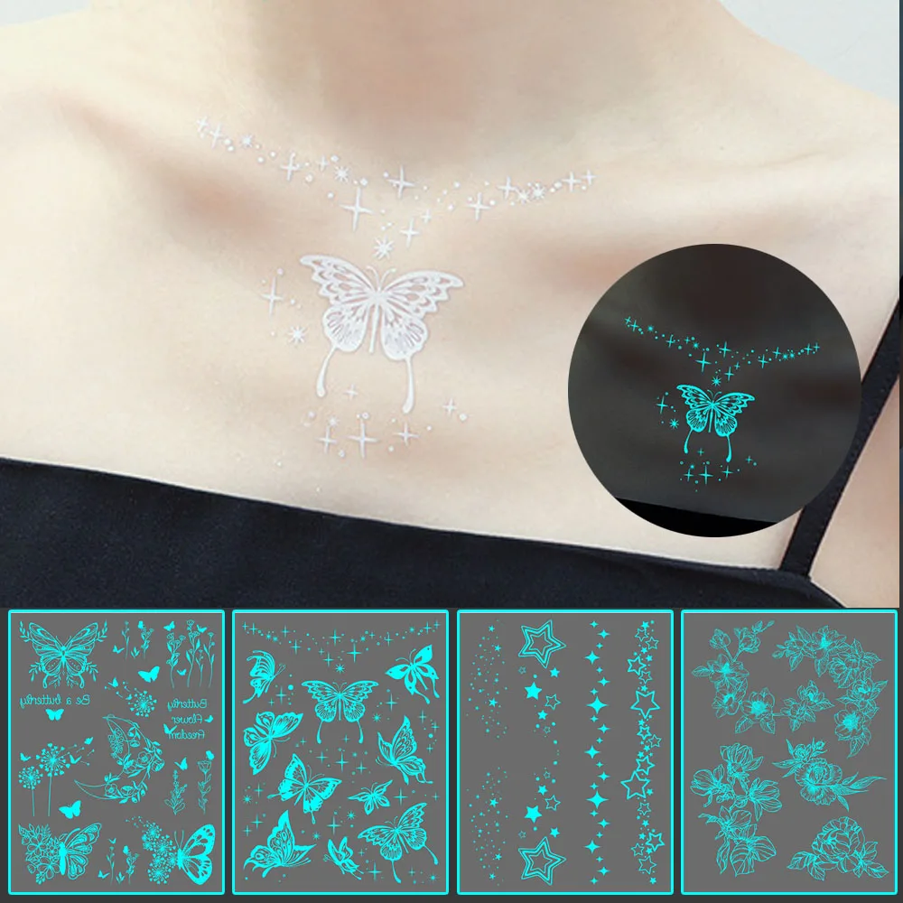 Top Trends: Luminous Butterfly Tattoo Stickers Waterproof Body Art Flower Fake Tattoos Clavicle Beautiful Tattoo Stickers For Kids Women Shoppable Styles