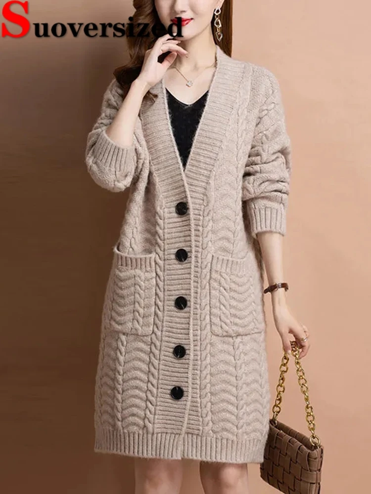 Top Trends: Thick Loose Knitwears Mid-lenght Cardigan Casual Knitted Elegant Sweaters Oversize Women's Gilet New Korean Fashion Jackets Shoppable Styles