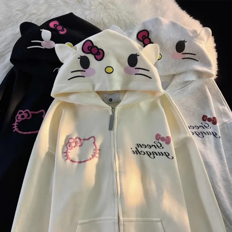 Top Trends: Kawaii Hello Kitty Y2k Solid Plush Coats Sanrio Print Hooded Sweatshirt Cute Cartoon Coats For Women Casual Loose Jackets Shoppable Styles