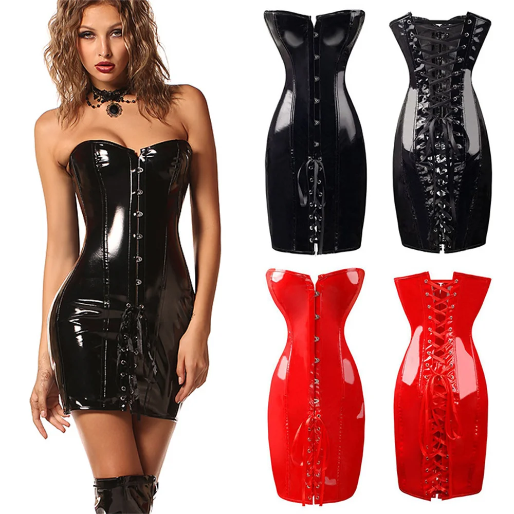 Top Trends: Hot Black / Red Long PVC Leather Corset Dress Sexy Women Gothic Waist Tranier Body Slim Club Vinyl Latex Mini Dress S-2XL Shoppable Styles