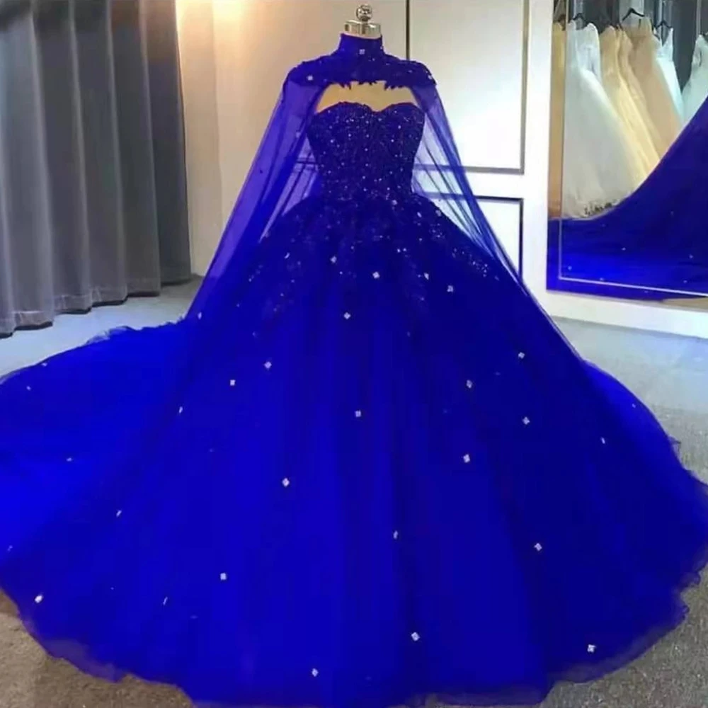 Top Trends: Classic Royal Blue Evening Dresses With Long Wrap High Collar Ball Gown Prom Special Occasion Dress Lace Appliques Beaded Shoppable Styles