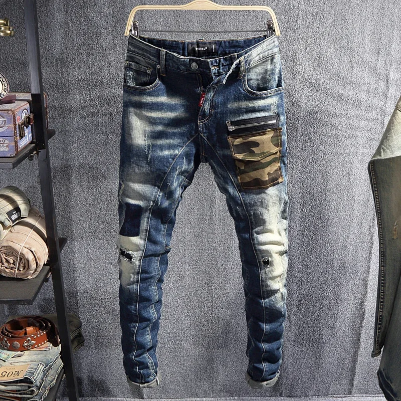 Top Trends: Fashion Designer Men Jeans Retro Blue Slim Fit Stretch Ripped Jeans Men Hole Trousers Hip Hop Patched Denim Biker Pants Hombre Shoppable Styles