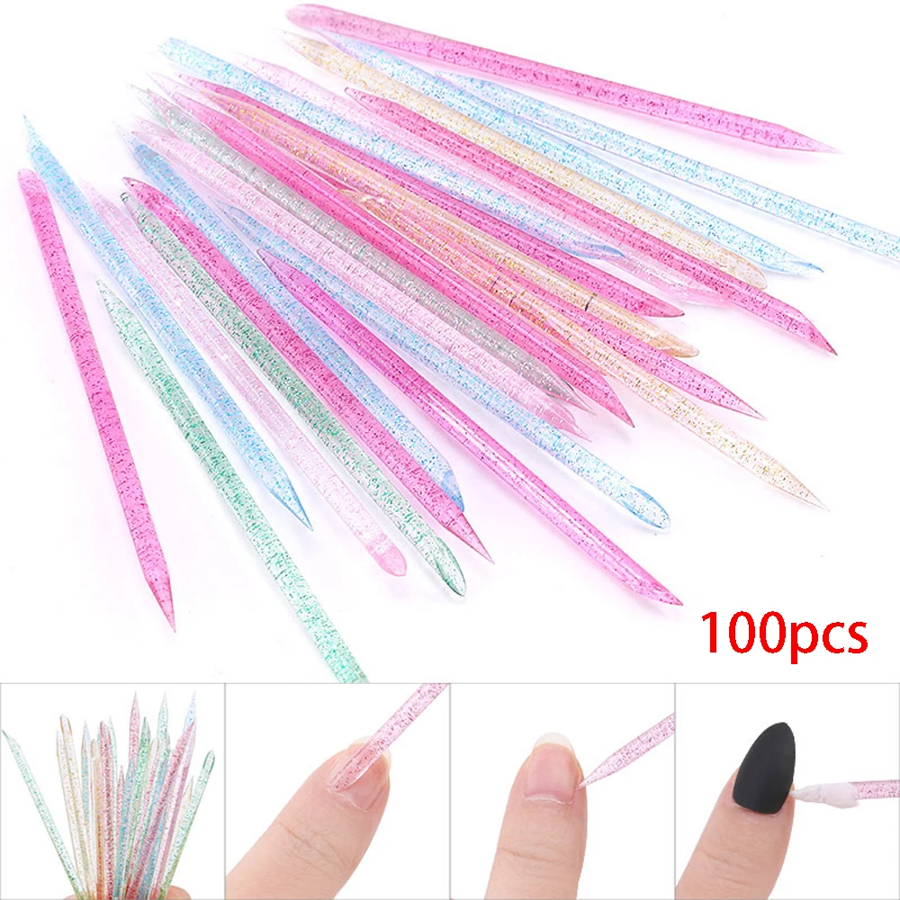 Top Trends: 100pcs Double Head Plastc Sticks Nail Art Tool Cleaning Cuticle Oil Push Polishing Dead Skin Fork Crystal Manicure Acrylic Stick Shoppable Styles