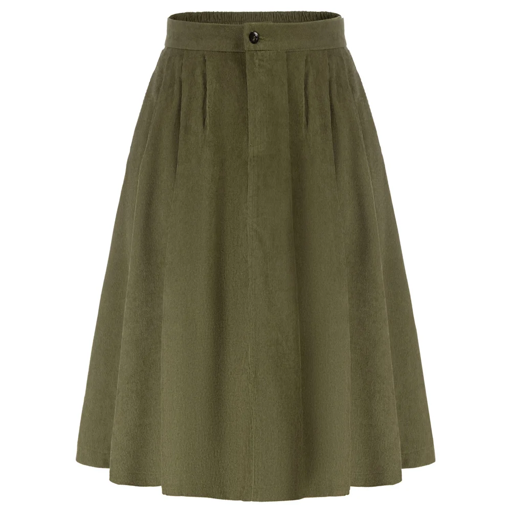 Top Trends: KK Women Corduroy Skirt Elastic High Waist Below Knee Flared A-Line Skirt Vintage Office Ladies Workwear Female Midi Skirts A30 Shoppable Styles