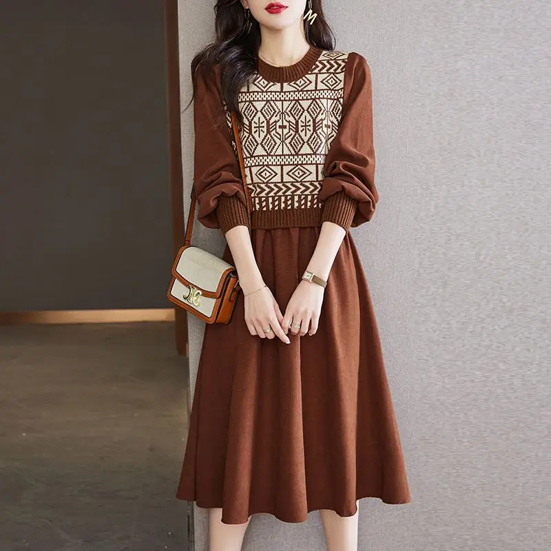 Top Trends: Fashion O-Neck Knitted Spliced Fake Two Pieces Casual Dresses Women&#039;s Clothing 2023 Autumn Winter Loose Office Lady Midi Dress Shoppable Styles