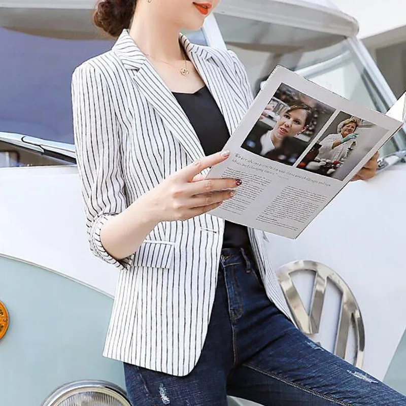 Top Trends: 2023 New Spring And Autumn Fashion Temperament Commuter Simple Stripe Slim Fit Korean Casual Medium Sleeved Women's Suit Jacket Shoppable Styles - Image 4