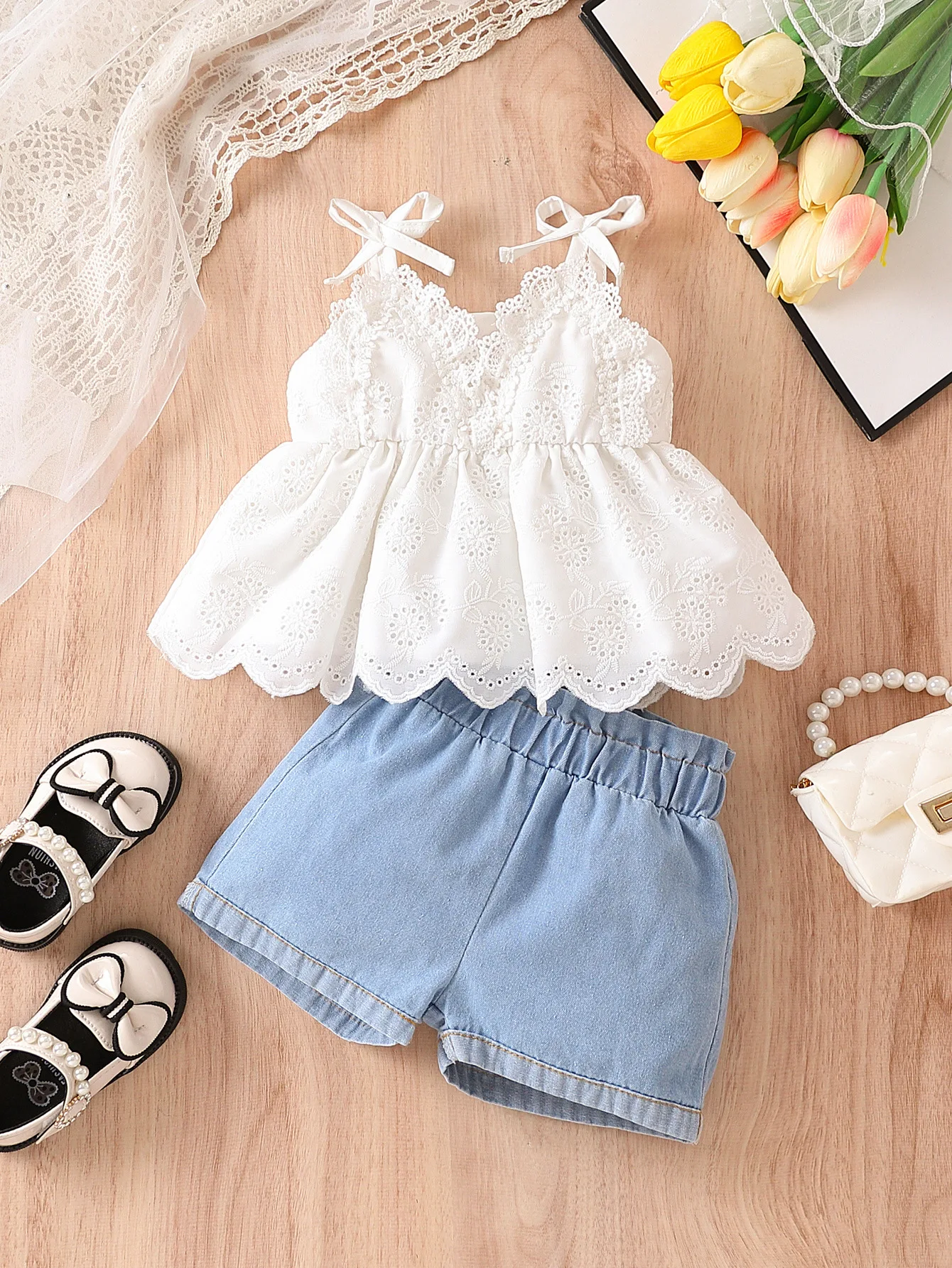 Top Trends: 6M-3T Fashion Newborn Toddler Baby Girls Clothes Sets Hollow Lace White Suspender Shirt + Jeans 2pcs Outfit Set Infant Baby Girl Shoppable Styles