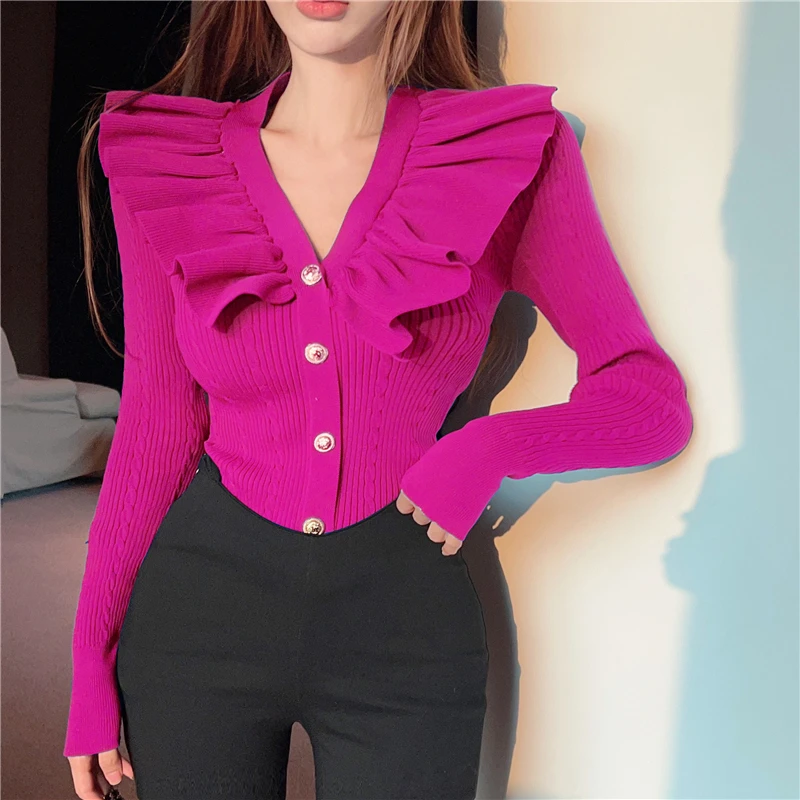 Top Trends: Ruffles V Neck Sweater Cardigan Women Full Sleeve High Stretch Knit Sweaters Shirts For Slim Girls Autumn Winter Shoppable Styles