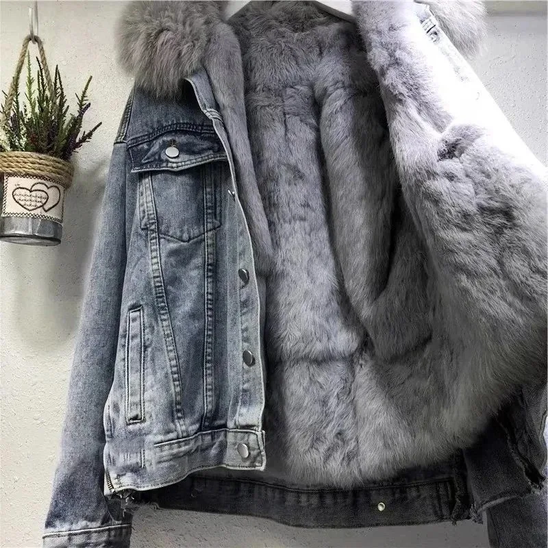 Top Trends: Winter Women Warm Basic Coat Big Fur Collar Denim Jacket Female Cold Motorcycle Jackets Outerwear Fleece Thick Casual Overcoat Shoppable Styles - Image 4