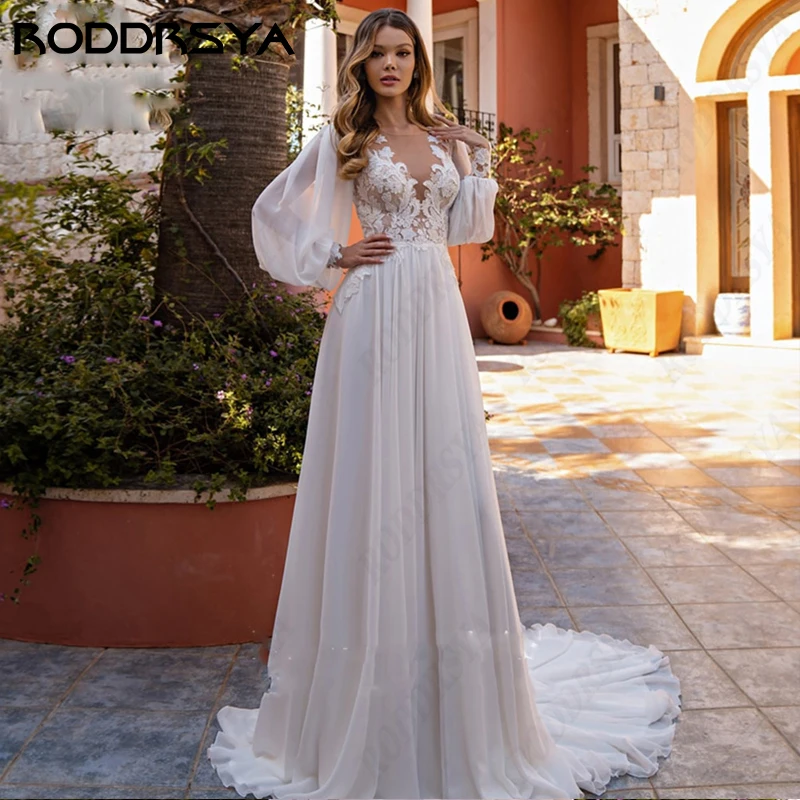 Top Trends: RODDRSYA Retro Chiffon Boho Wedding Dress Romantic A-line Long Fuff Sleeve Vestido Novia Elegant Civil Scoop-Neck Bridal Gowns Shoppable Styles