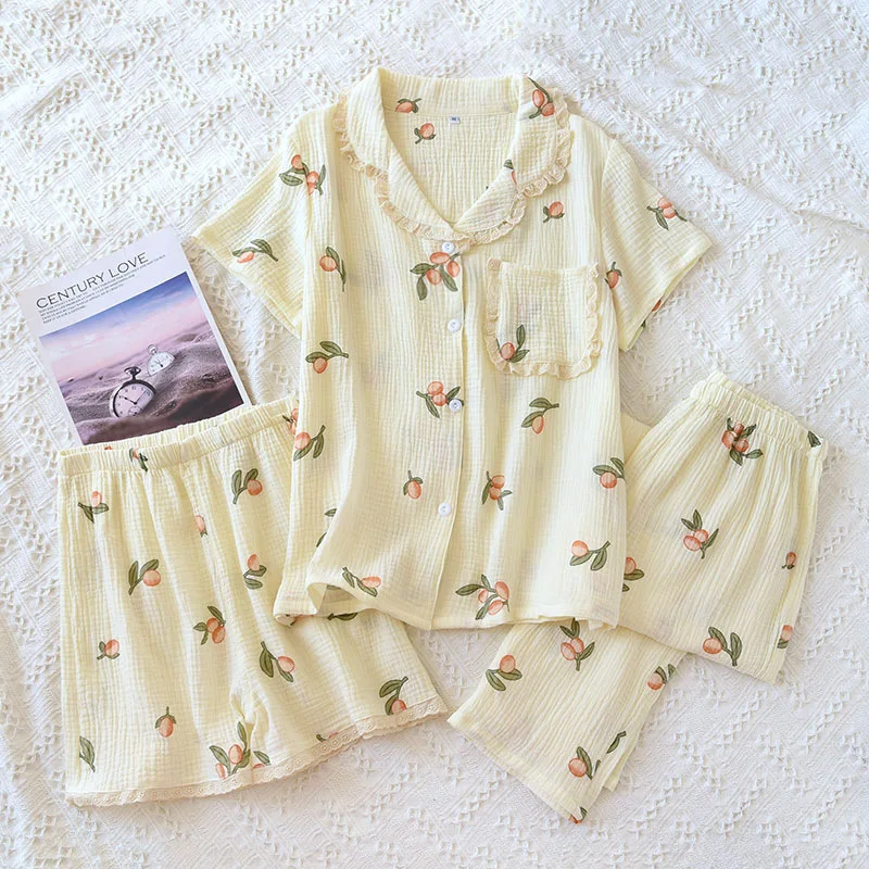 Top Trends: 2024 Spring / Summer New Women's Pajamas Three Piece Set 100% Cotton Crepe Short Sleeves+ Shorts+ Pants Princess Style Home Suit Set Shoppable Styles