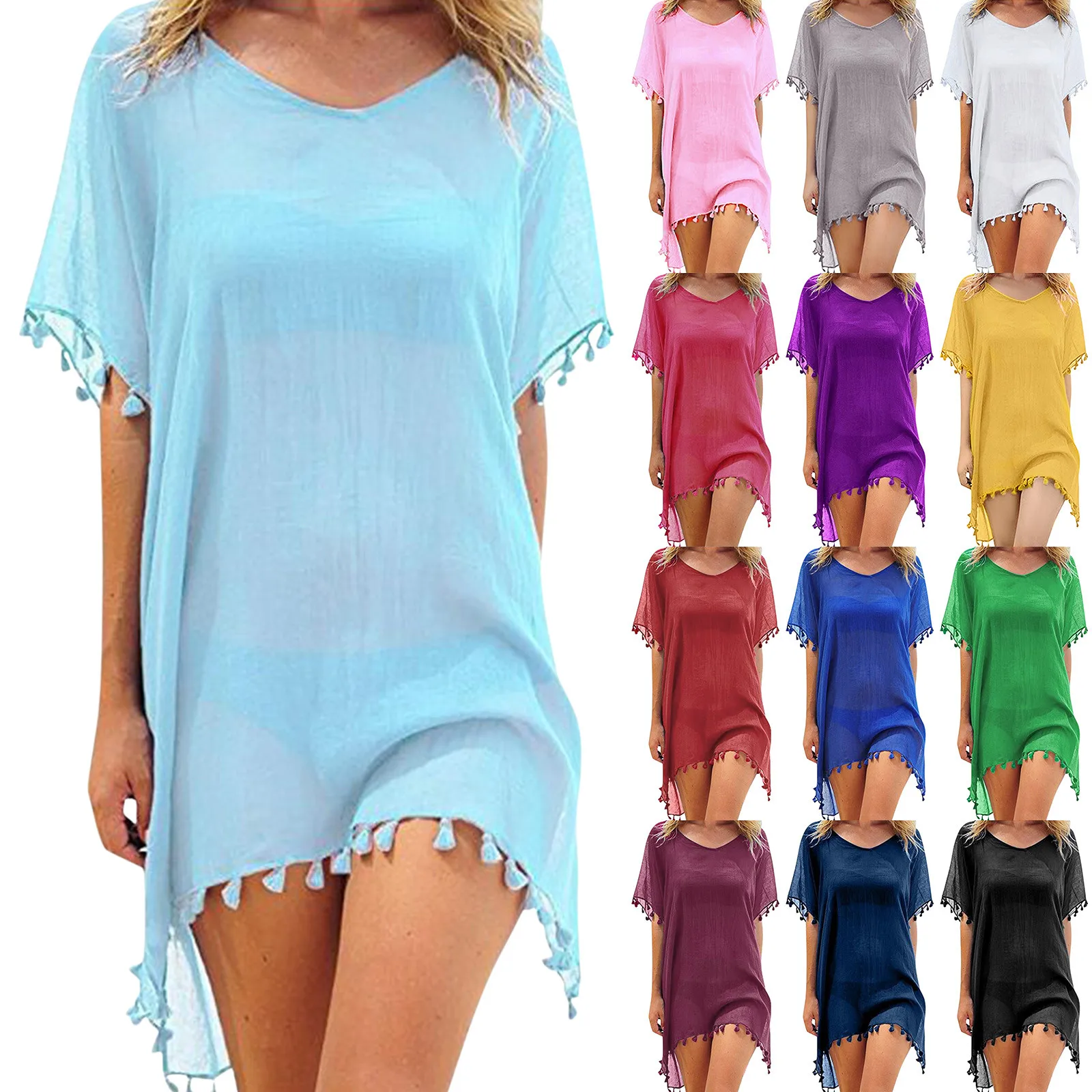 Top Trends: Women Chiffon Tassels Swimsuit Cover Up Sexy Bikini Beach Cover Ups Chiffon Blouse Summer Solid Boho Beach Dress Robe De Plage Shoppable Styles