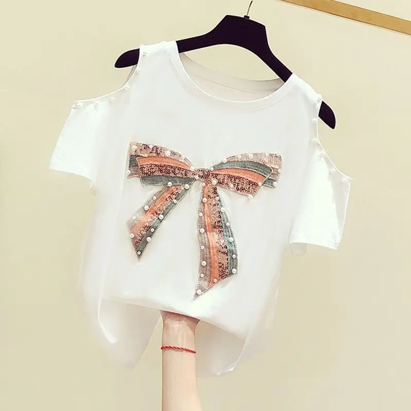 Top Trends: Fashion O-Neck Spliced Beading Bow Sequined Off Shoulder Blouse Women's Clothing 2023 Summer New Casual Pullovers Sweet Shirt Shoppable Styles