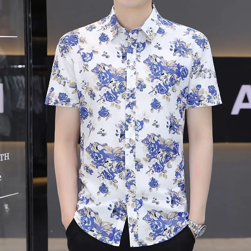 Top Trends: Korean Casual Trend Floral Printed Short Sleeve Shirt For Men Fashion Vintage Polo-Neck Single-breasted Shirt Male Clothes 2023 Shoppable Styles - Image 2