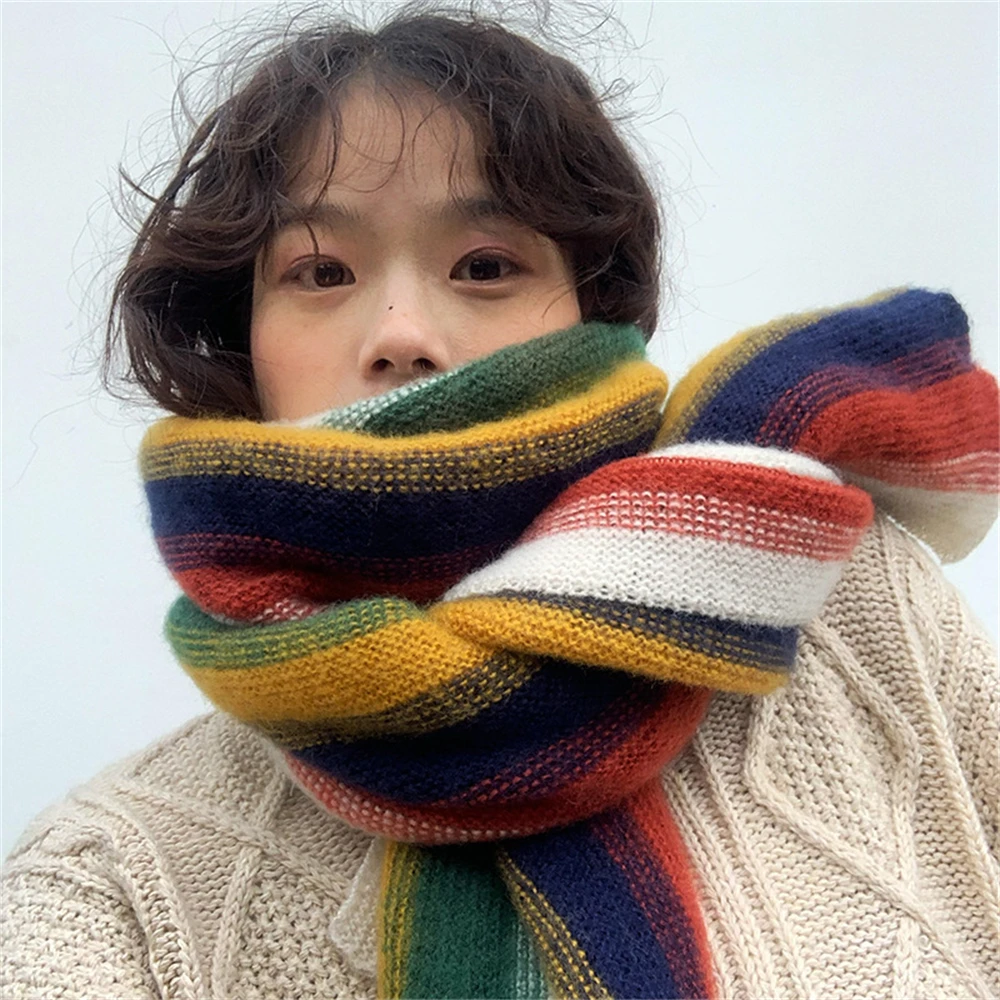 Top Trends: Rainbow Knit Scarf For Women Winter Thick Cashmere Stripe Shawl And Wrap Fashion Warm Streetwear Girl's Foulard Wool Scarves Shoppable Styles