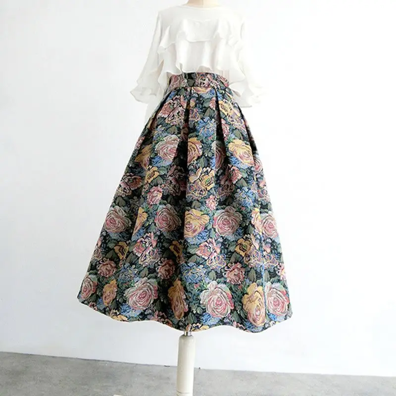 Top Trends: Vintage Floral Printed A-Line Skirt Women&#039;s Clothing Summer Fashion Temperament High Waist Pleated Ball Gown Skirts For Female Shoppable Styles