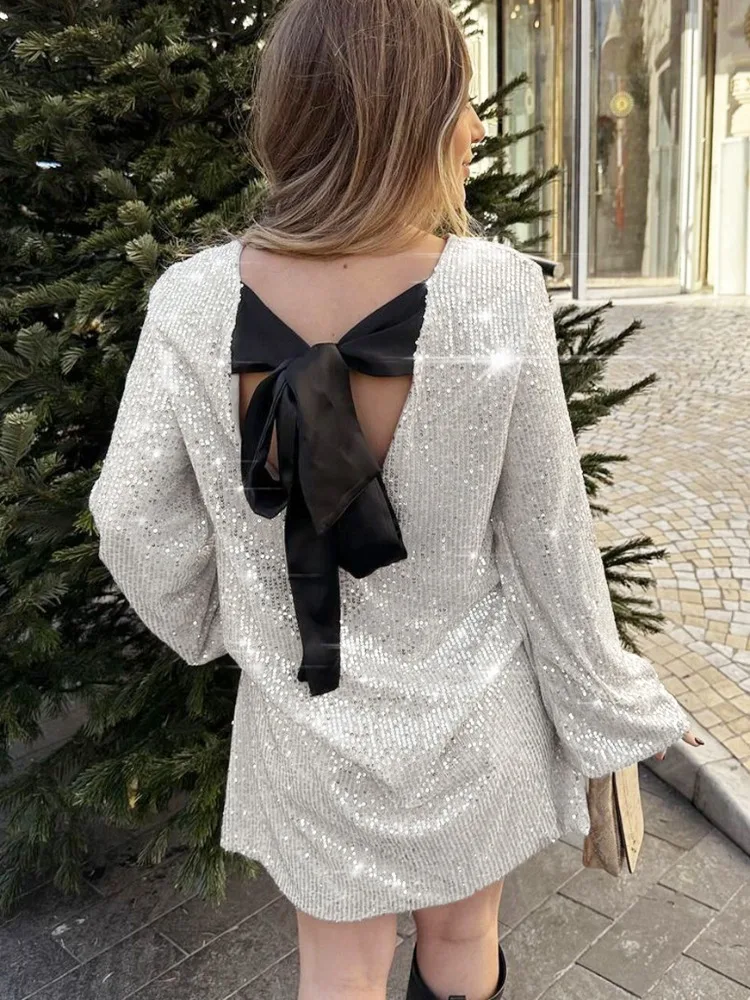 Top Trends: Tossy Tee Bow Backless Sequin Mini Dress Female Glitter Long Sleeve High Street Elegant Party Looks Dress Fashion Short Dress Shoppable Styles