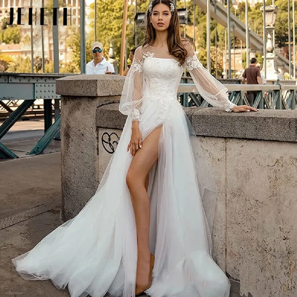 Top Trends: JEHETH Classic Side Split Pull Puff Sleeves Wedding Dresses 2024 Boho A-Line Tulle Bridal Gown Button Custom Made Robe De Mariee Shoppable Styles