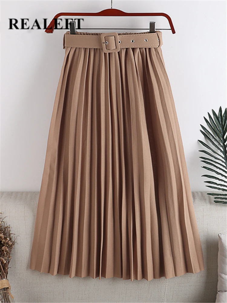 Top Trends: REALEFT 2022 New High Waist Women&#039;s Pleated Skirts With Belted Spring Summer Minimalism Elegant Office Female Mi-long Skirt Saia Shoppable Styles