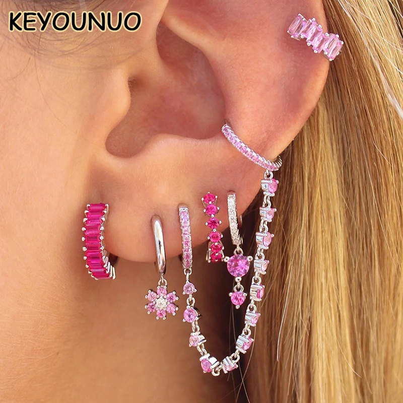 Top Trends: KEYOUNUO Lovely Gold Plated CZ Hoop Earrings Set For Women Pink Zircon Dangle Earrings Fashion Party Wedding Jewelry Wholesale Shoppable Styles