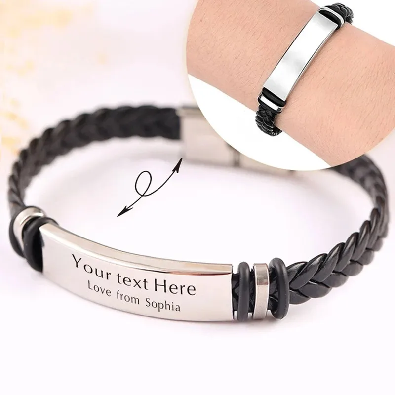 Top Trends: Custom Name Logo Any Text Engraved Leather Bangle &amp; Bracelet Personalized Stainless Steel Bracelets For Women Men ID Bracelet Shoppable Styles