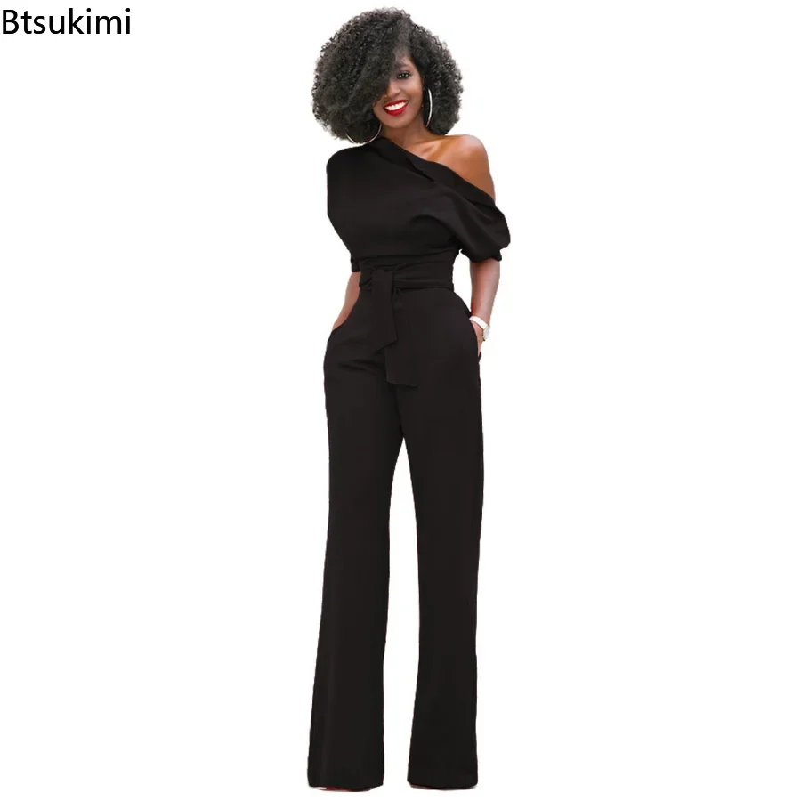 Top Trends: 2024 Spring Autumn Casual Jumpsuit Women Elegant One Shoulder Slash Neck Romper Overalls Full Length Jumpsuit Wide Legs Jumpsuit Shoppable Styles - Image 4