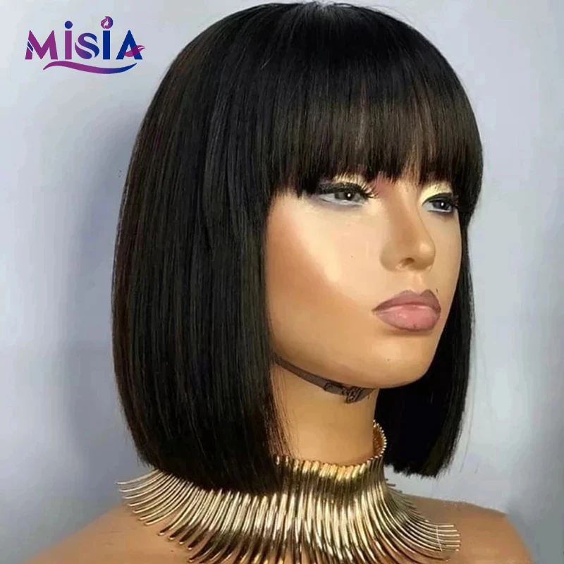 Top Trends: Short Straight Bob Wig With Bangs Short Brazilian Human Hair 200 Density For Woman No Lace Full Machine Made Human Hair Wig Shoppable Styles