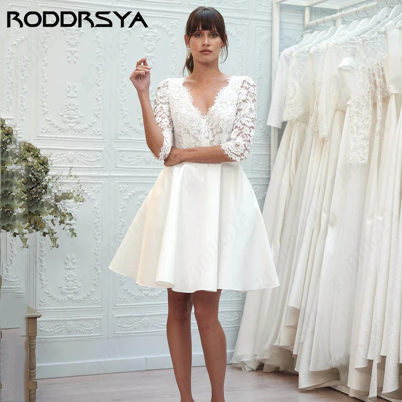 Top Trends: RODDRSYA Sexy Lace Wedding Dress For Women Simple Insertable Pocket Satin Vestido De Noiva Short Mini Half Sleeve Bride Party Shoppable Styles