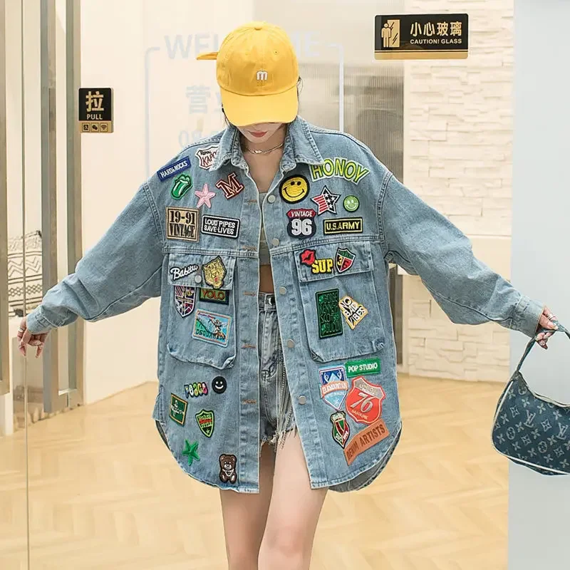 Top Trends: New Blue Jean Jacket Woman American Denim Shirt Fashion Coats Letter Label Loose Denim Coat Medium Long Spring Autumn Tops Shoppable Styles