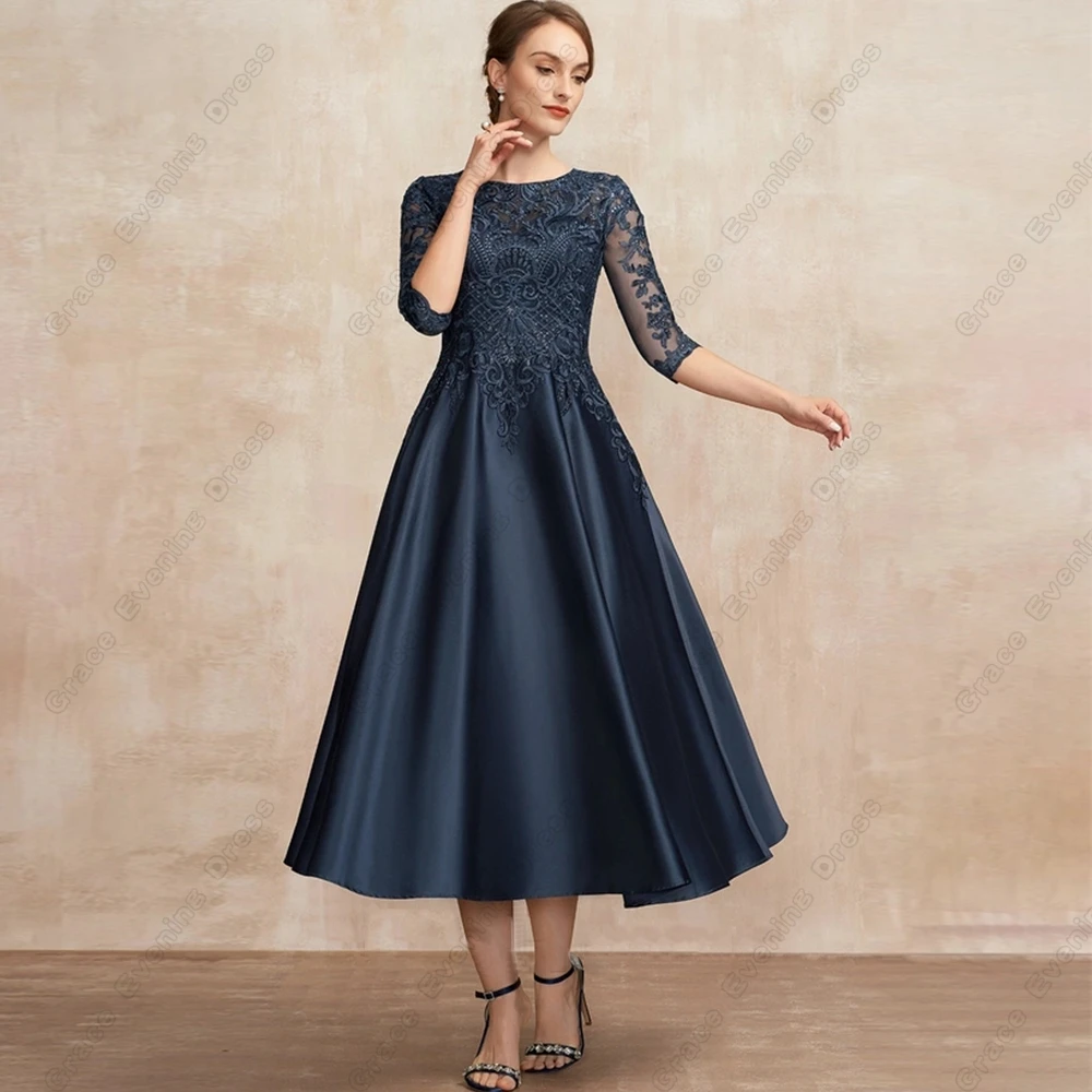 Top Trends: Scoop Navy Blue Mother Of Bride Dresses For Women Three Quarter Mother Of Bride Dresses With Lace Tea Length Vestido De Noche Shoppable Styles