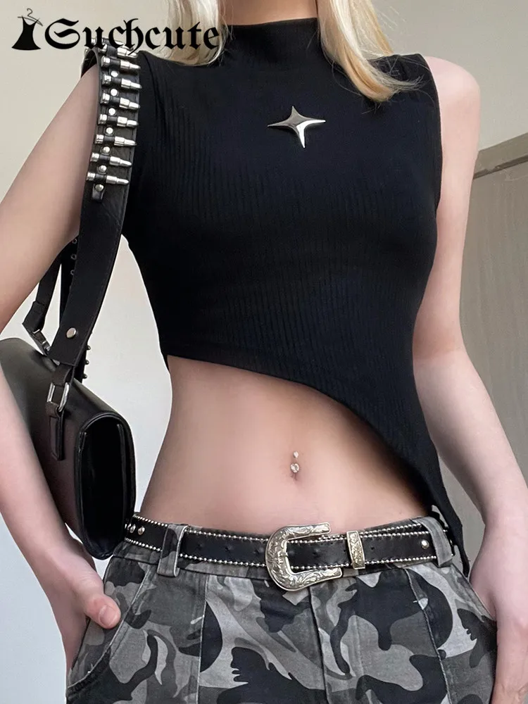 Top Trends: SUCHCUTE Dark Academia Rivet Patchwork Crop Tops Women Grunge Sleeveless Black Irregular Tank Top Y2k Streetwear Punk Clothes Shoppable Styles